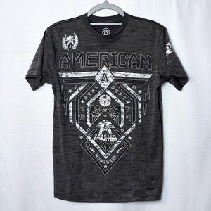 AMERICAN FIGHTER GRAPHIC PRINT SPELLOUT PERFORMANCE TEE SHIRT MENS SMALL GRAY